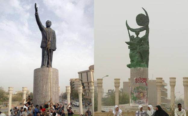 Estatua de Sadam Hussein en 2003 (i) y la actual 'Estatua de la esperanza', en el mismo lugar. /AFP