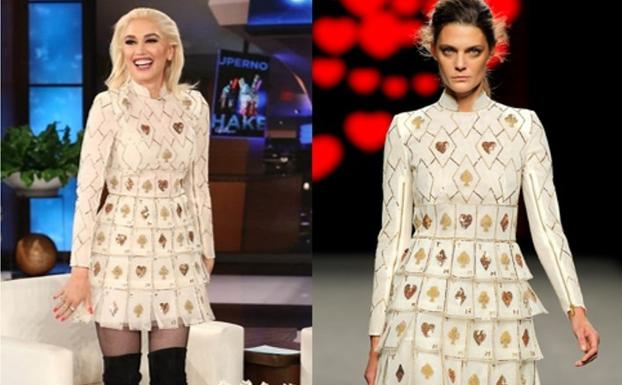 Gwen Stefani, durante el programa de Ellen DeGeneres. A la derecha, imagen del desfile de la diseñadora. /