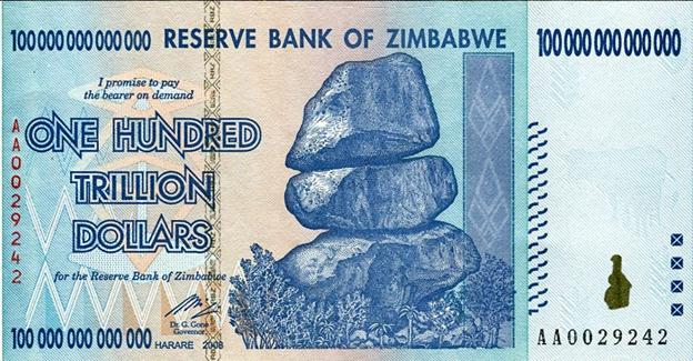 El billete de cien billones de dólares de Zimbabue./