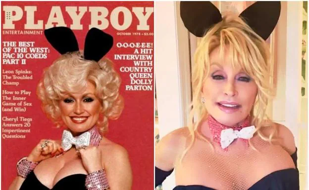 Dolly Parton, en la revista 'Playboy', hace 43 años, y ahora, a sus 75 años, recreando la mítica portada./R. C.