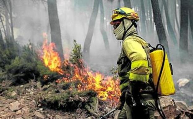 Imagen de un bombero forestal durante la extinción de un incendio./